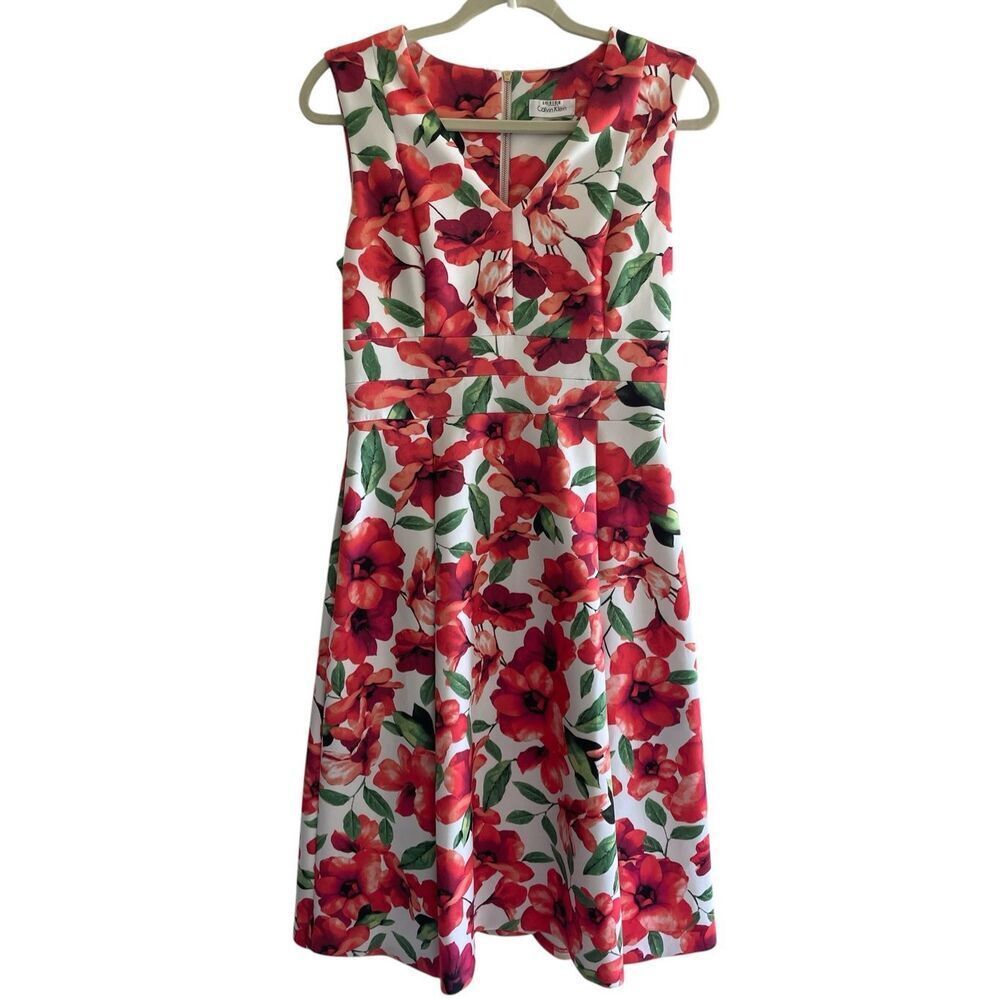 Calvin Klein Red Floral Garden Fit n Flare Dress Women’s 6 Sleeveless Summer